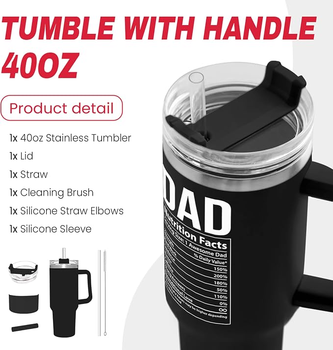 SANDJEST Best Dad Ever Tumbler with Handle 40oz Stainless Steel Insulated Coffee Cup - Gift Set with Lid & Straw for Father’s Day, Birthday, Christmas
