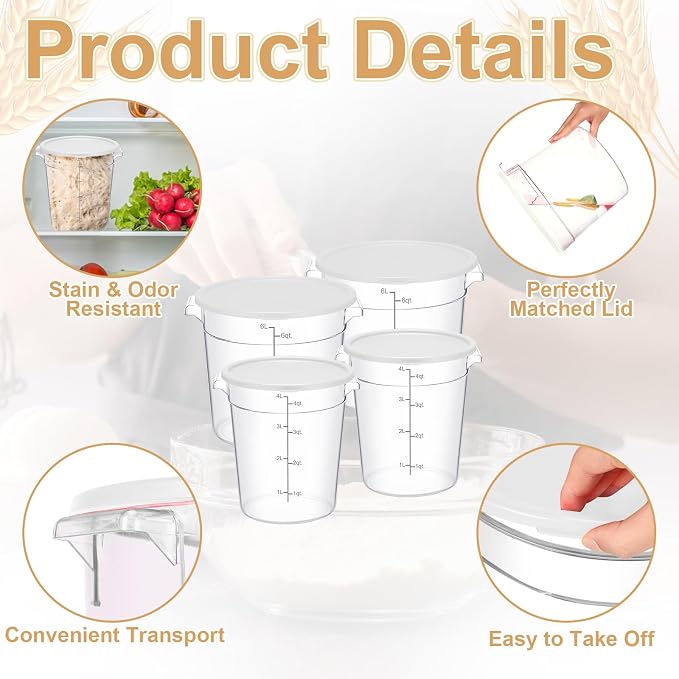 Suclain 4 Set 6 Quart 4 Qt Round Food Storage Containers with Lids Clear Proofing Container for Dough Bread with Scale Handle Home Restaurant Commercial Food Storage(White)