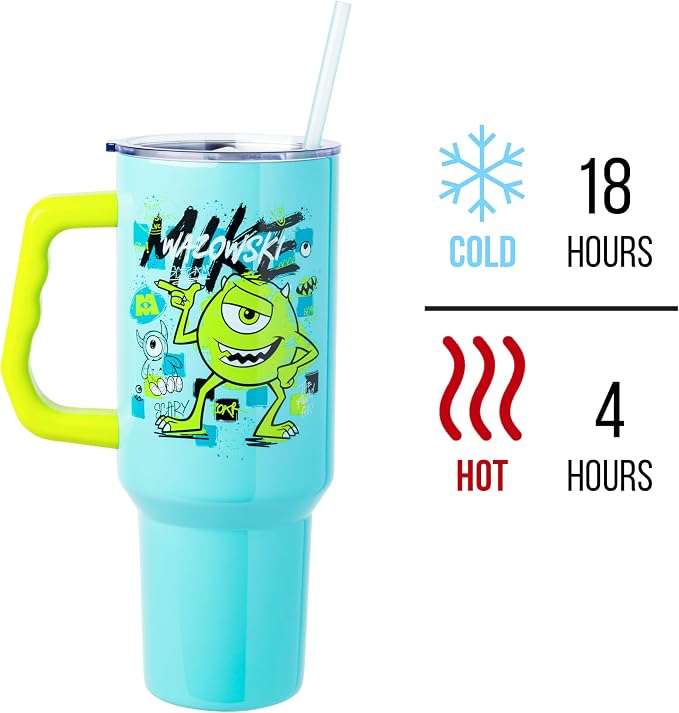 Silver Buffalo Disney Pixar Monsters Inc. Double Walled Stainless Steel Tumbler with Handle Featuring Mike Wazowski, Fits in Standard Cup Holder, 40 Ounces