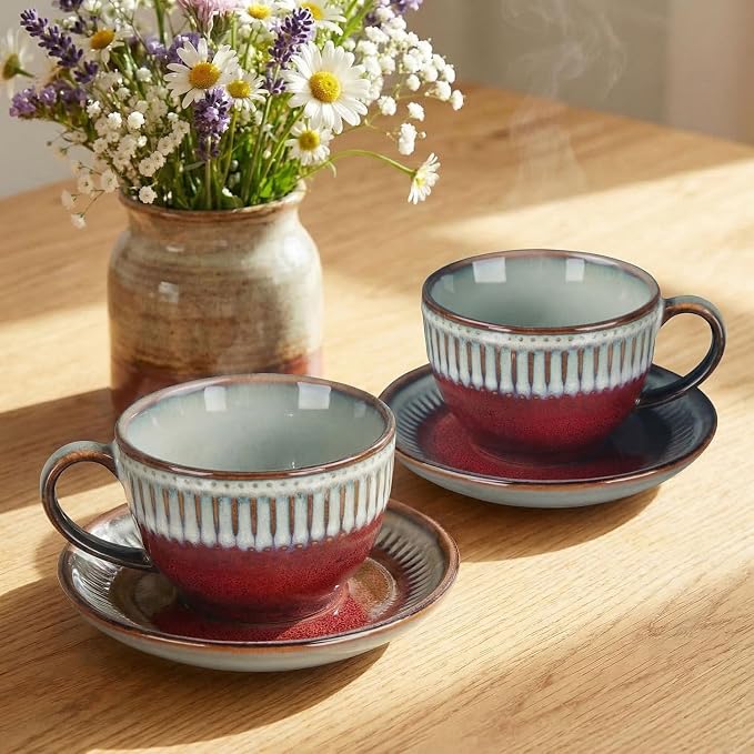 Cappuccino cup with tray, 8.5 oz. Set of 4 Ceramic Coffee Cups and Saucer Set for Latte, latte art cup, suitable for latte/cappuccino/milk/tea