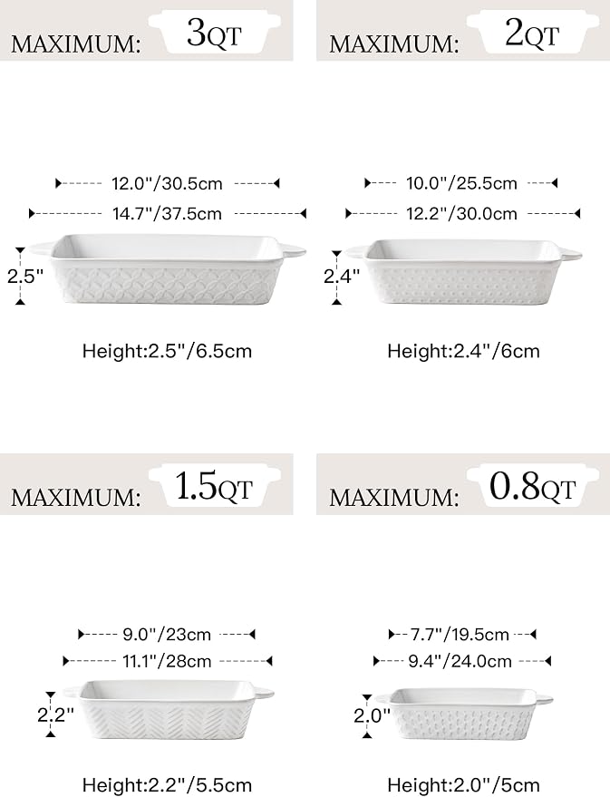 FOBENTA Casserole Dishes for Oven - Ceramic Bakeware Sets of 4, Rectangular Baking Deep Dishes with Handles, Lasagna Pans for Kitchen Cooking & Wedding Gift, Embossed