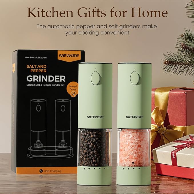 Newise Electric Salt and Pepper Grinder Set Rechargeable with LED Lights, Automatic Pepper & Salt Mill, Adjustable Coarseness, Large Capacity, Green