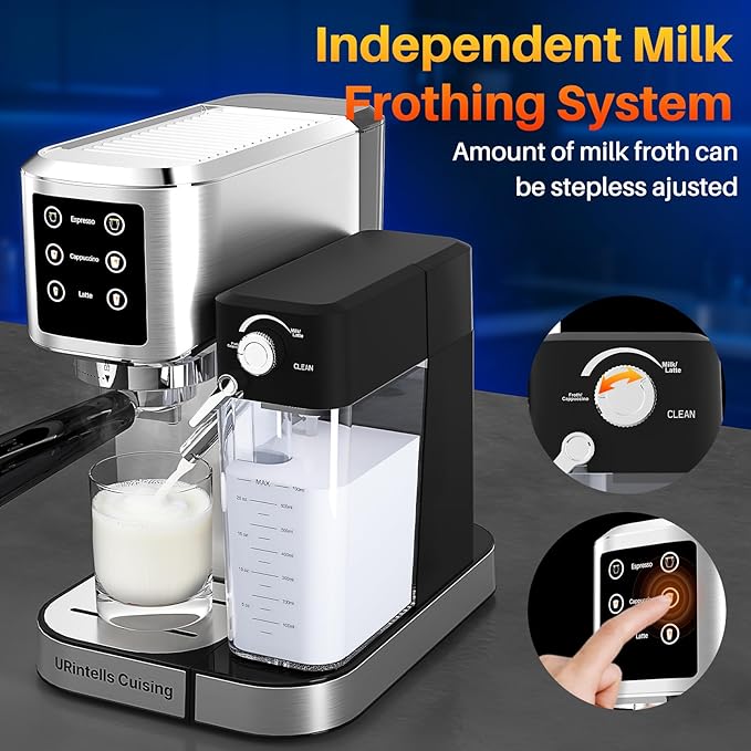 Espresso Machine 20 Bar Touchscreen Espresso Maker with Automatic Milk Frother for Cappuccino Latte,Stainless Steel Coffee Machine with Independent Frothing and Dual Heating System,Easy to Clean