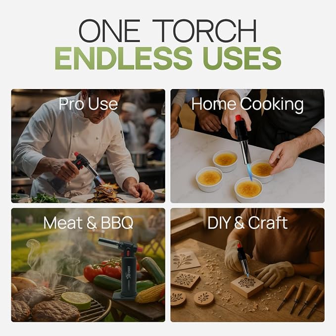 Jo Chef Kitchen Torch with Butane Included – Refillable butane torch Lighter with Safety Lock & Adjustable Flame, Culinary Blow Torch for Cooking, Creme Brulee 2 Cans (3.38oz) Included Black