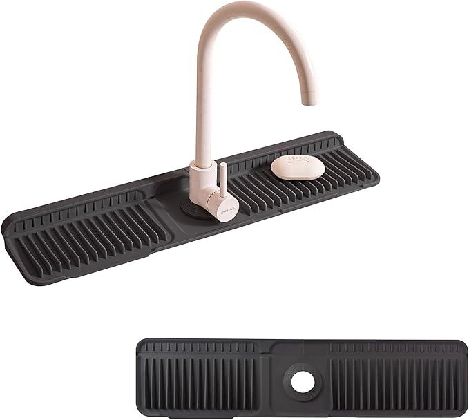 ZJWZLG Faucet Mat for Kitchen Sink (Black), 24"X5.5" Silicone Sink Splash Guard with Soap Holder, Snap-On Design & 7°slope Fast Drain, Folding Sink Faucet Mat for Universal sink matt for kitchen sink