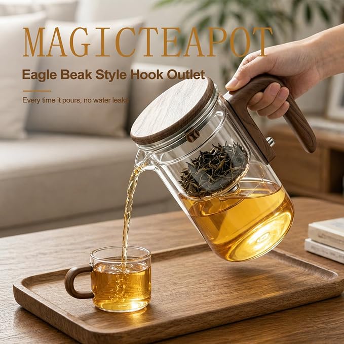 Magic Glass Teapot with Infuser, 24oz (700ml) Heat-Resist Boro Glass Brewer, Instant Water Separation & Clean-Press Leaf Removal, Perfect for Blooming & Loose Leaf Tea, Elegant Gift Box
