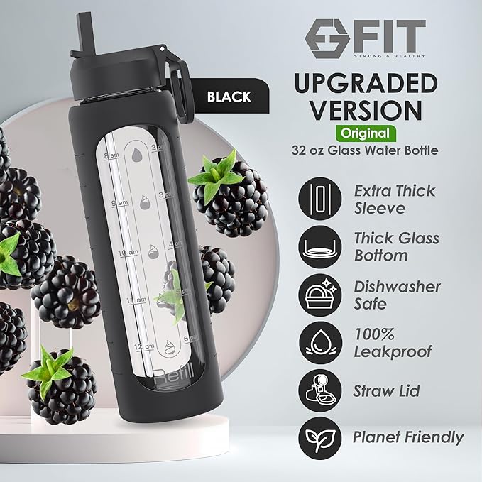 FIT Strong & Healthy 32 oz Glass Meal Prep Containers & 32 oz Glass Water Bottle with Straw Lid, Thick Silicone Sleeve, Leakproof, Black, Adult, Meal Prep Set