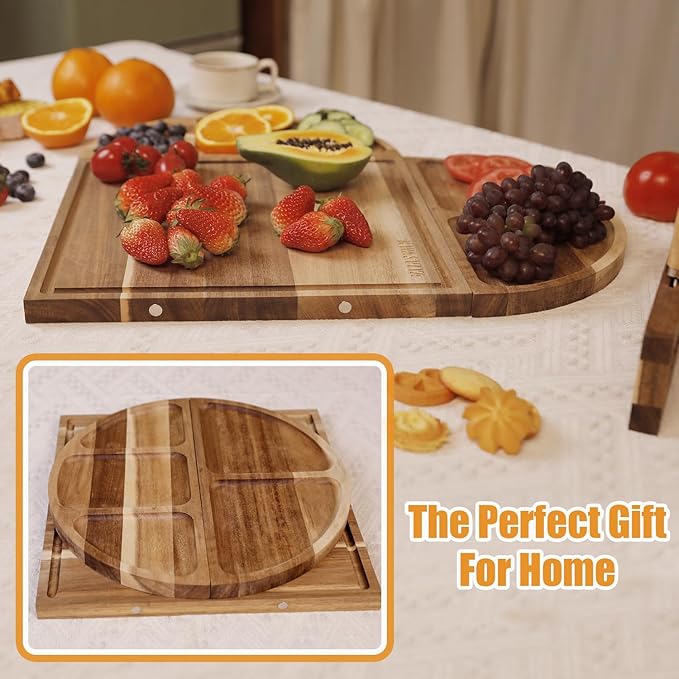 Large Magnetic Charcuterie Board Set 26x13 Inch - Acacia Wood Cheese & Serving Tray with 4 Color-Coded Cutting Mats, Juice Grooves - Modular Design for No-Mess Entertaining, Wedding Gifts