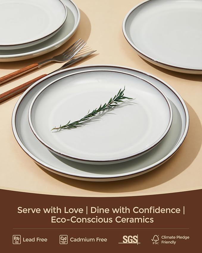 Pokini 18 Piece White Stoneware Dinnerware Set for 6, Santorini Mist Terracotta Plates and Bowls with Reactive Glaze, Microwave & Dishwasher Safe, Aesthetic Ceramic Dishes for Family Meals & Hosting