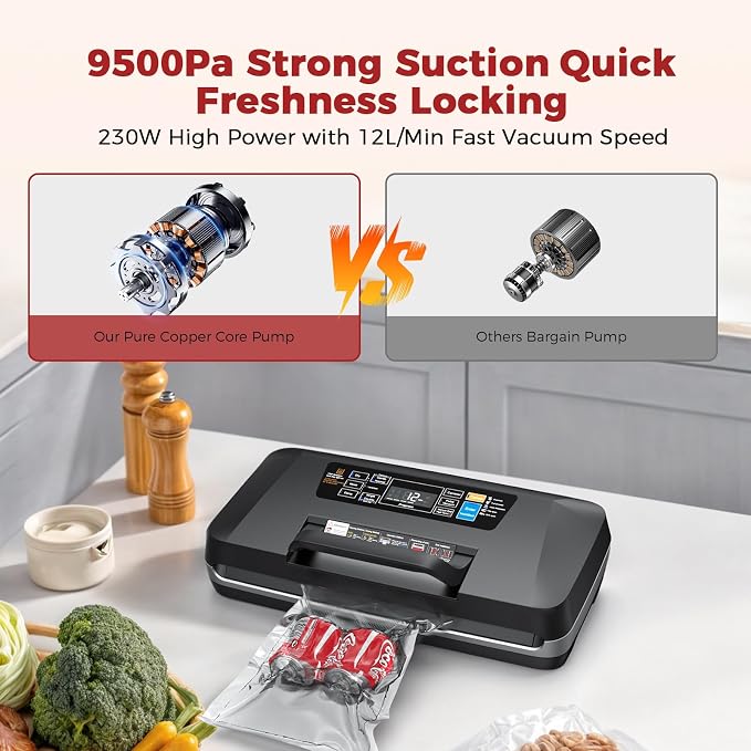 Vacuum Sealer Machine, Upgraded 230W 95KPa 10-in-1 Food Sealer with Double Heat Seal for Dry Moist Food, Easy-Lock Handle, Hose, Built-in Cutter and Bag Storage + Bags (1 Roll + 10 Pre-cut)