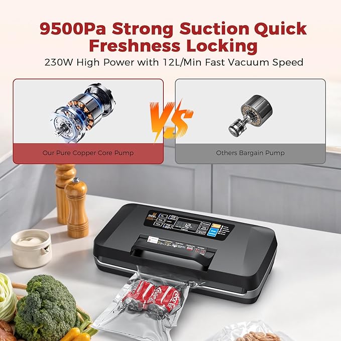 Vacuum Sealer Machine with 95KPa Suction – Full Automatic Commercial Grade Sealer for Wet/Dry Food, Built-in Cutter, Complete Kit with 1 Roll & 10 Bags – 230W Double Seal Strip