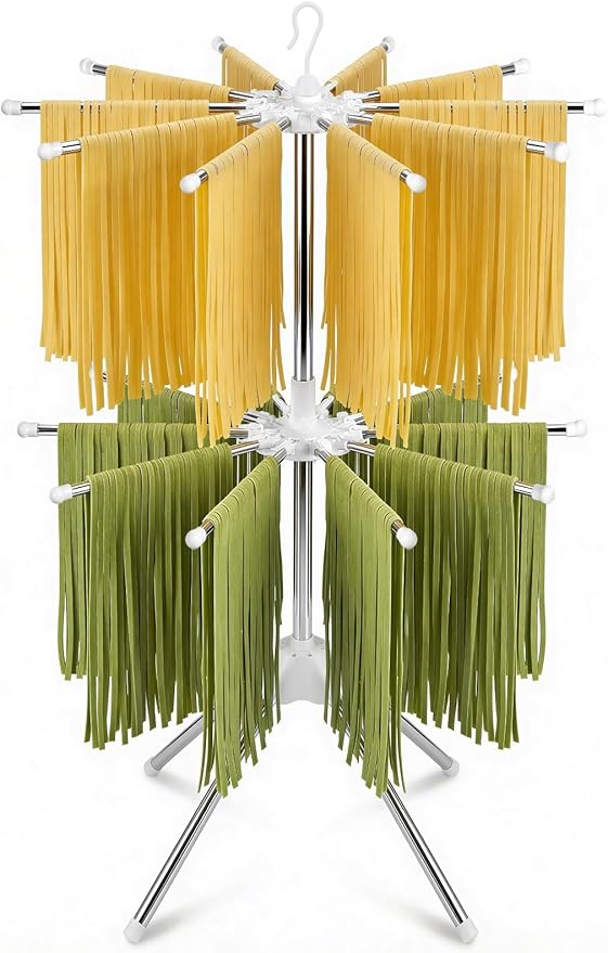 Pasta Drying Rack, 20-Rod Double Layer Large Capacity Pasta Dryer, 304 Stainless Steel 360° Rotating Foldable Noodle Stand for Homemade Spaghetti, Fettuccine, Family Pasta Night