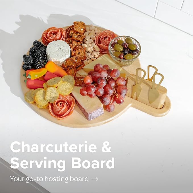 Premium Charcuterie Board Set – Kitchen Edge Round Bamboo Cheese Serving Board with Handle & Magnetic Utensil Block, 18in x 14in, Includes 3 Gold Cheese Utensils, Perfect for Entertaining & Gifting