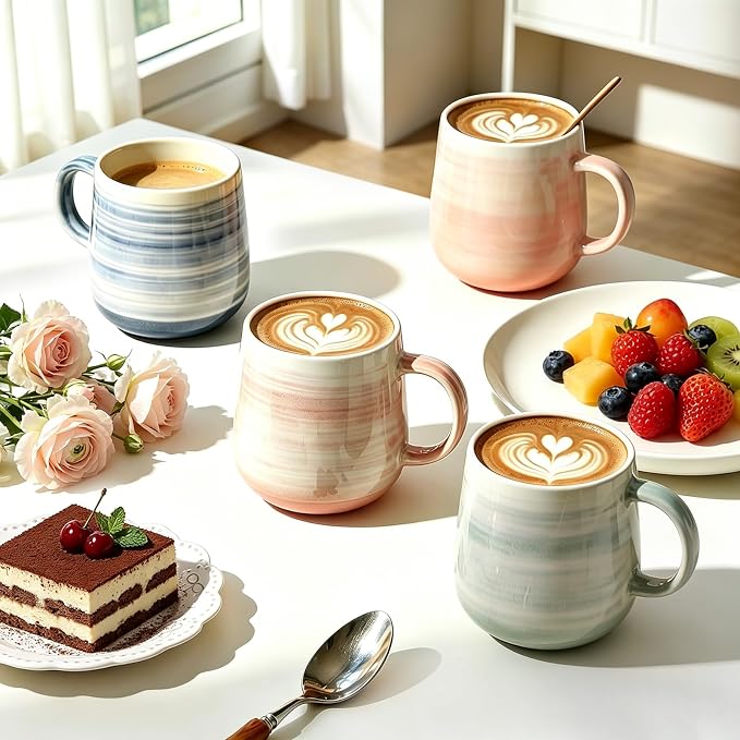 Coffee Mugs Set of 4, 12 oz Mugs Set, Ceramic Coffee Cups with Large Handles, Pastel Gradient & Striped Designs， Dishwasher and Microwave Safe Mugs for Coffee, Tea, Milk