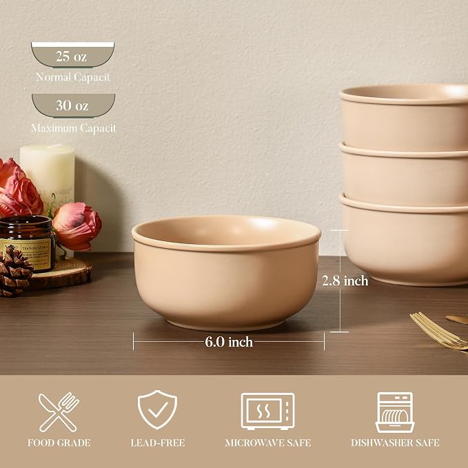 GZG 6-Inch Ceramic Cereal Bowls Set of 4, Rustic Matte Glazed Stoneware Bowls for Cereal, Soup, Salad & Snacks, 30 oz Capacity, Microwave & Dishwasher Safe(Warm Sand)