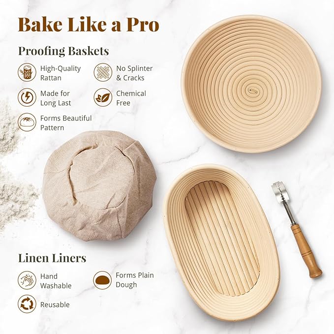 BAVIFY Sourdough Starter Kit, Banneton Bread Proofing Baskets Set | Complete Sourdough Bread Baking Supplies, Beginner Friendly Bread Making Kit, 9 in Round and 10 in Oval Rattan Banneton