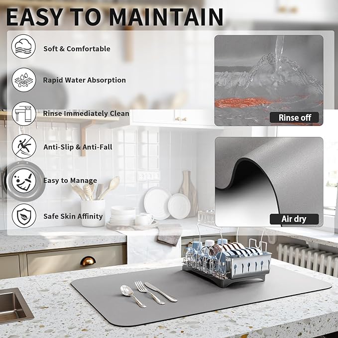 HotLive Dish Drying Mat for Kitchen Counter, Heat Resistant Drainer Mats with Non-slip Rubber Backed, Hide Stain Kitchen Super Absorbent Draining Mat, Easy to Clean Dish Rack Pad, Grey 16"x18"