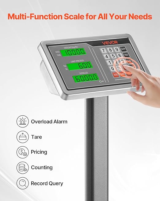 VEVOR Computing Digital Platform Scale, 220 lbs Load, 0.04 lbs Accuracy, Electronic Floor Scale with LB/KG, Tare, Price Calculator, AC/DC Power Supply, Fit for Luggage, Shipping, Packages, Postage