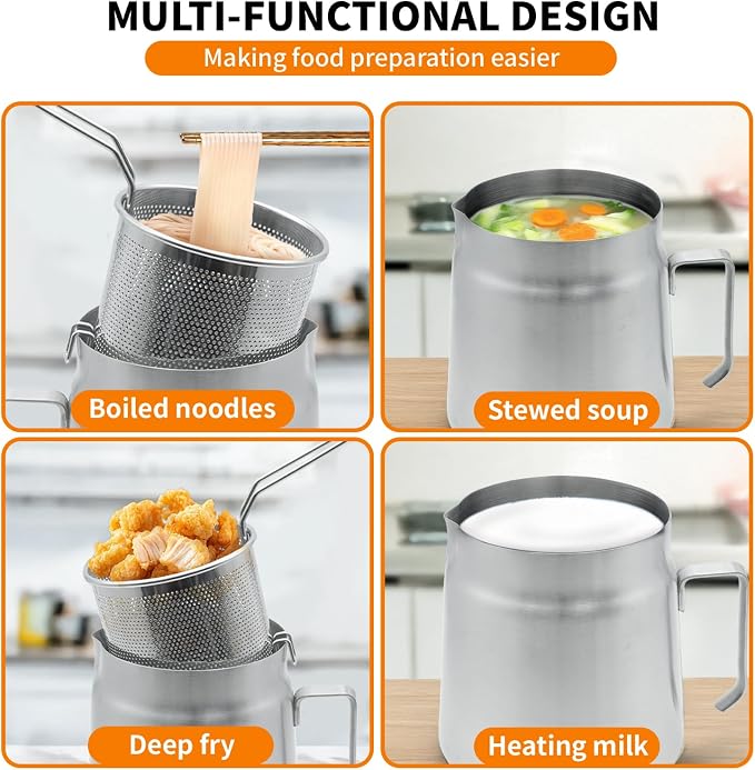 68oz Stainless Steel Oil Filter Pot with Deep Fryer Basket - Kitchen Large Capacity Versatile Oil Strainer Vessel and Bacon Grease Saver for Cooking Grease