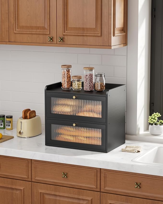 Kitsure Bread Box - 2-Tier Bamboo Bread Box for Kitchen Countertop, Bread Storage Container with Magnetic Acrylic Door, Pantry Organizers and Storage for Loaves, 15" x 9.8" x 13.2", Black