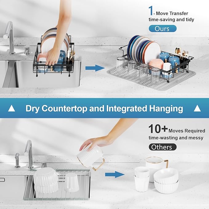 iSPECLE Expandable Dish Drying Rack with Silicone Mat for Kitchen Sink or Counter, Heavy Duty Adjustable Over Sink Dish Drainer with Square Corners, Fit for Modern Single & Double Sinks, Black