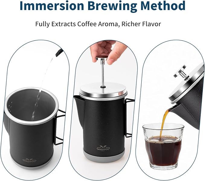 MERMOO YILAN Stainless Steel French Press with Folding Handle 32oz Black | for 4-6 Cups|Also a Milk Frother& Tea Maker|Non-slip Silicone Base|Compact Size for Camping, Travel, Backpacking,RV