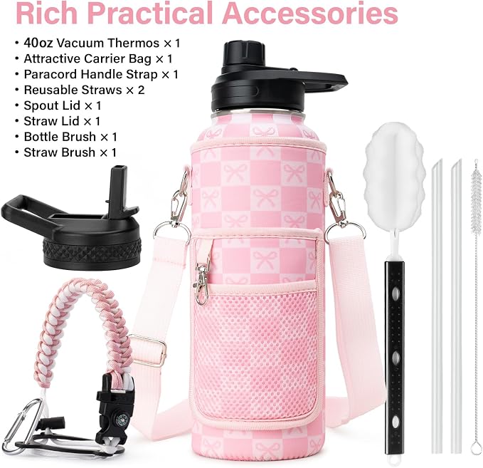 DYSANKY Water Bottle Gift– Insulated Stainless Steel Bottle with Carrier Bag, Strap & Gift Box – BPA-Free – Ideal for Hiking, Camping & Travel - Pink Bow 40 oz