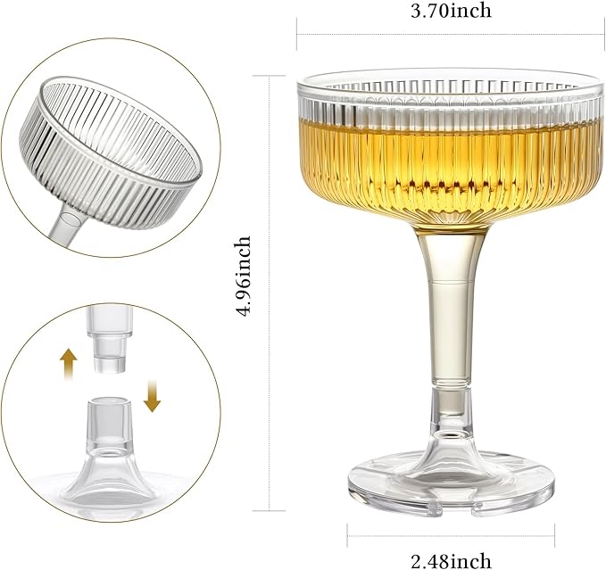 Goodluck 3-Tier Champagne Glasses - 10 PCS 7oz Clear Plastic Champagne Flutes, Plastic Coupe Glasses with Vertical Stripes for Weddings, Celebrations, Parties & Birthdays