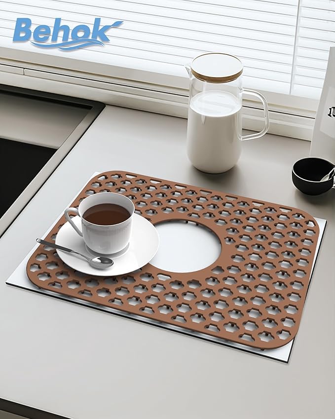 Silicone Sink Protector for Kitchen Bathroom Sink, 2 Pack 13.58"x 11.6" Heat-resistant Mat, Non-Slip and Durable Silicone Protectors, Center Drain (Coffee)