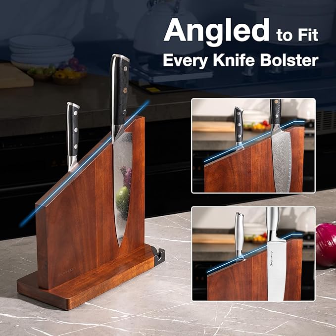 Gourmetop Magnetic Knife Holder with Built-in Sharpener, 100% Acacia Wood Magnetic Knife Block without Knives, Strong Double-Sided Magnetic Knife Holder for Kitchen Countertop Organization, Dark Wood