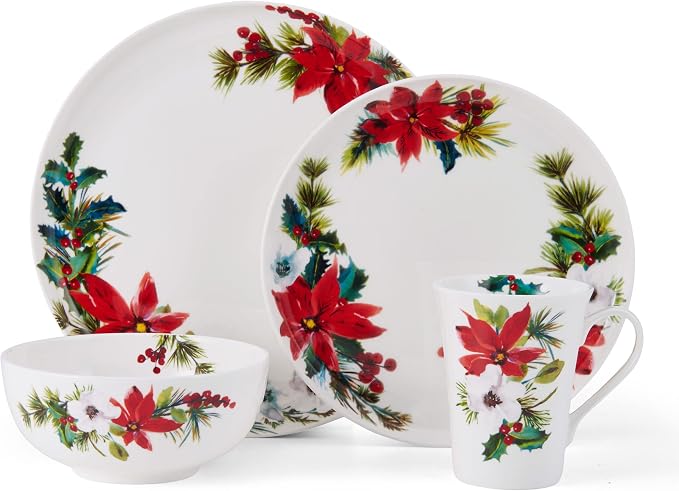 Mikasa Hope Joy Holiday Poinsettia Bone China Lightweight Chip Resistant 16 Piece Dinnerware Set, Service for 4, Multicolor