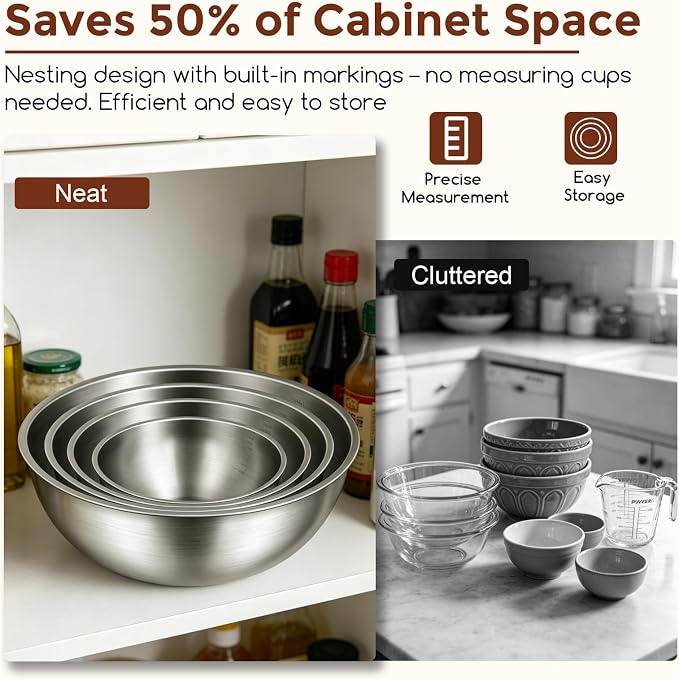 Gronivex 304 Stainless Steel Mixing Bowls, 4-Piece (1.5, 2.2, 3.4 & 4.2 Qt) | Food-Grade Metal,Dishwasher Safety,Stackable Nesting & Space-Saving, For home baking, salads, cooking, and RV or grilling use