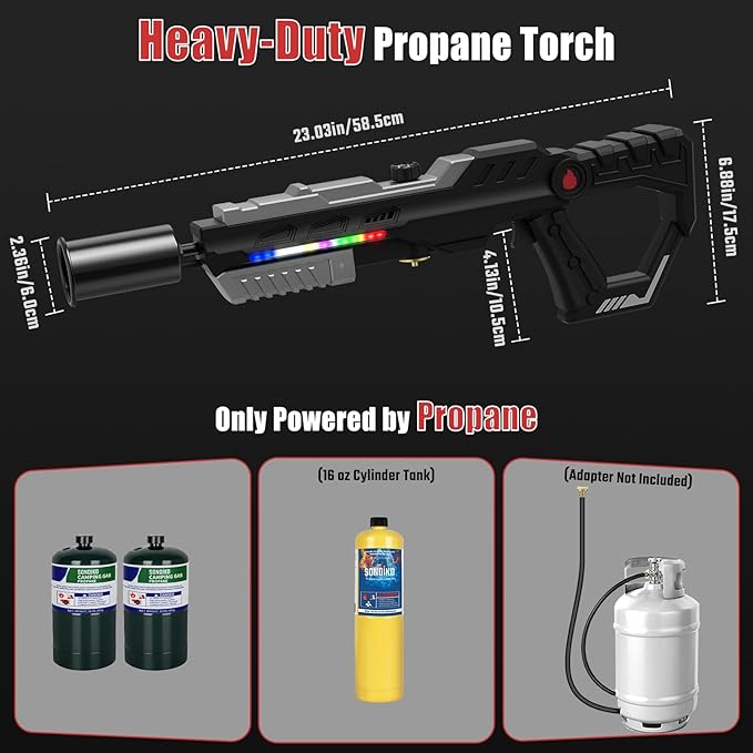 Powerful Propane Torch Gun with Front-Mounted LED Light | Adjustable Flame Thrower Gun, Flamethrower for Searing Steak, Charcoal Starter, BBQ and DIY(Propane Tank Not Included)