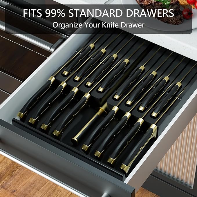 Domax Bamboo In-drawer Knife Block - Kitchen Knife Drawer Organizer Insert, Knife Holder without Knives Large, Drawer Knife Organizer Fits for 16 knives and 1 Sharpening Steel (Not Included), Black
