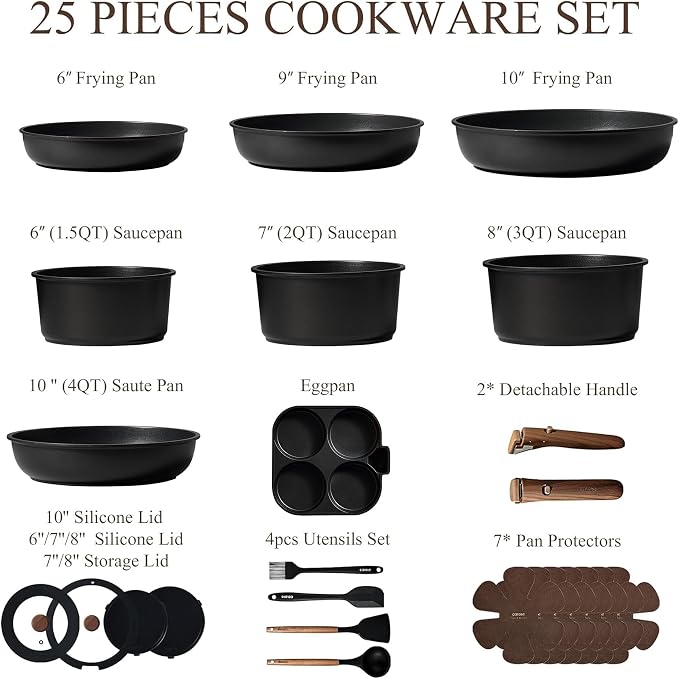 CAROTE 25pcs Pots and Pans Set Non Stick, Cookware Sets, Kitchen Set, Oven/Dishwasher/Fridge Safe, Space Saving Pots Set, Nonstick Set with Versatile Detachable Handle, Induction RV Set, Black