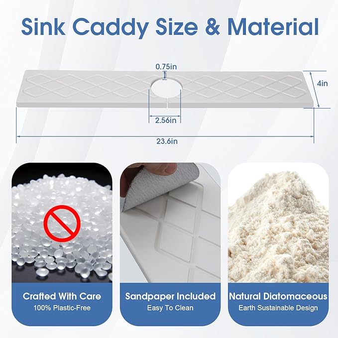 Stone Faucet Mat for Kitchen Sink, Diatomite Drying Stone Tray Sink Protector, Water-Absorbing Splash Guard, 2 Pieces Faucet Mat Together with Sandpaper, Prevent Moisture on Kitchen Bathroom Counter