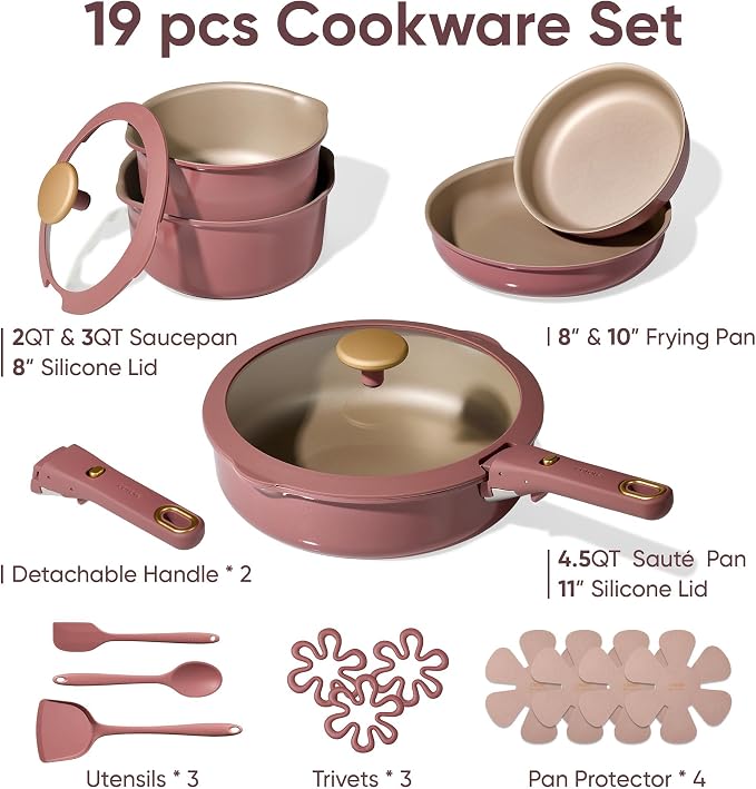 CAROTE Pots and Pans Set, Nonstick Cookware Sets with Detachable Handle, Oven Safe, Cookware Non Stick Cooking Set w/Frying Pans & Saucepans Red(PFOS, PFOA Free)