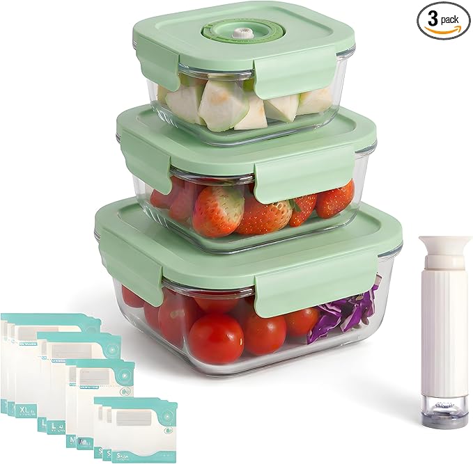 Glass Vacuum Sealable Container Set, 3 Containers, 10 Bag, Hand Pump