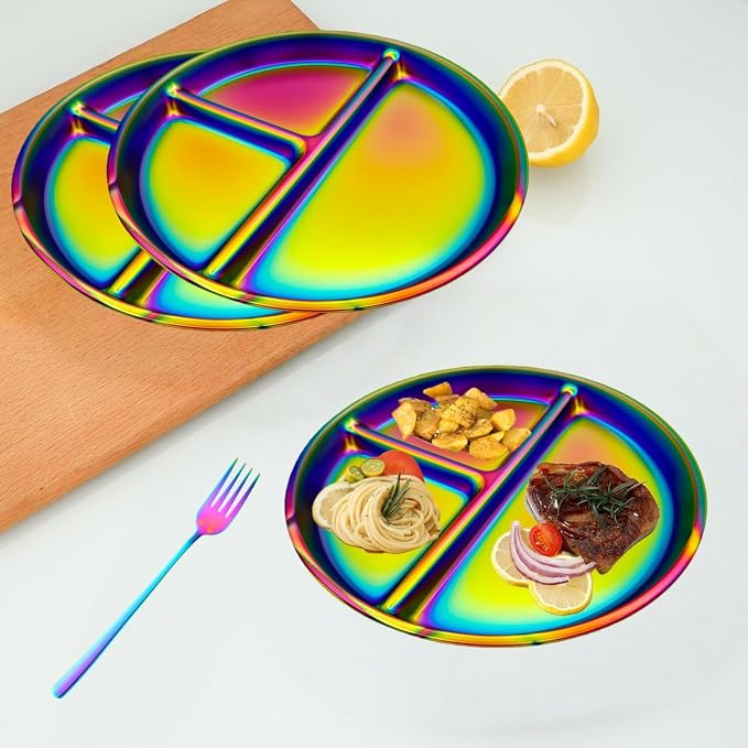 12-Piece Stainless Steel Rainbow Dinnerware Set for 4 | Unbreakable Reusable, Divided Plates Bowls Cups, Round, Dishwasher Safe, For Kitchen Camping Picnic RV