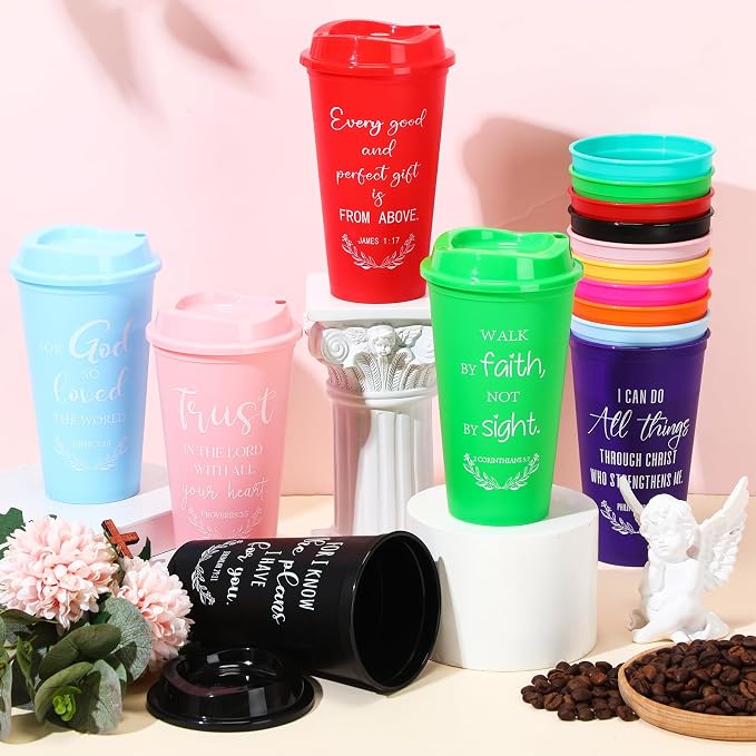 Skylety 20 Pack Bulk Christian Gifts for Men Women 16oz Reusable Bible Verse Tumbler Plastic Coffee Cup with Lid Inspirational Religious Church Gift for Teacher Graduation Party Favor (Rainbow Color)