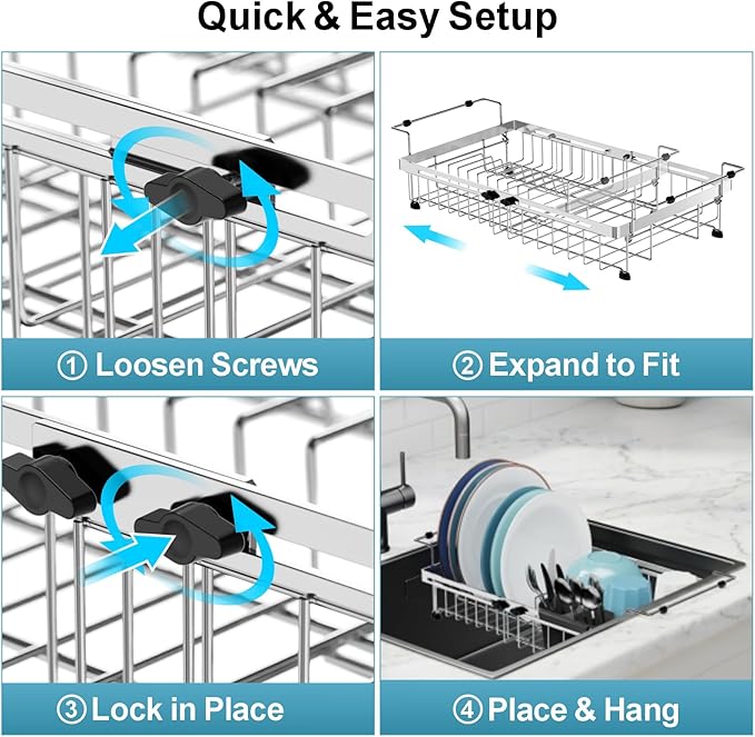 GSlife Expandable Over The Sink Dish Drying Rack - Stainless Steel Heavy Duty in Sink Dish Drainer with Square Corners, Rust Resistant with Lock Knob, Fit for Modern Single & Double Sinks, Black