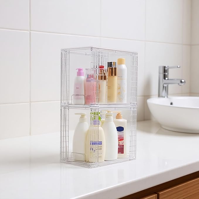 High Clear Stackable Storage Drawers(2 Pack), High-strength Plastic Organizer Bins with Handles for Skincare Bathroom Cabinet Vanity Undersink Kitchen Pantry BPA-Free Storage Containers