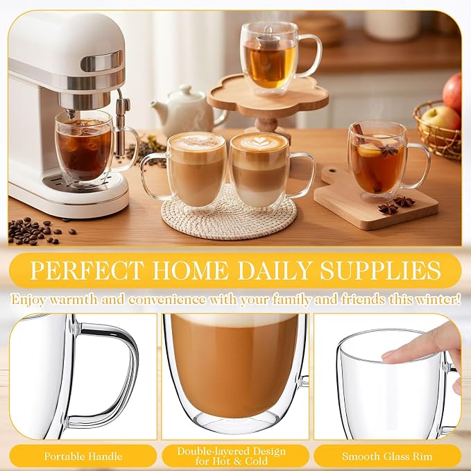 Patelai Glass Coffee Mugs Set of 4, 16 oz Clear Double Walled Coffee Cups Glasses Insulated Latte Mugs with Handle Espresso Clear Cups for Hot and Cold Beverages