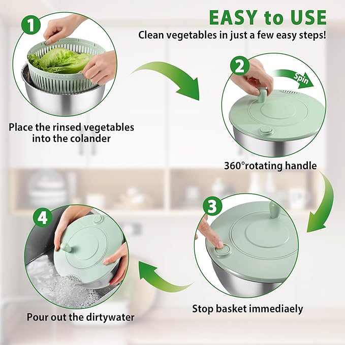 Salad Spinner Stainless Steel, 5.3-Quart Lettuce Washer Spinner with 5 Blades Slicer, Large Vegetables Fruits Wash Bowl with Strainer, Perfect Home Salad Making Tool for Healthy Eaters & Home Cooks
