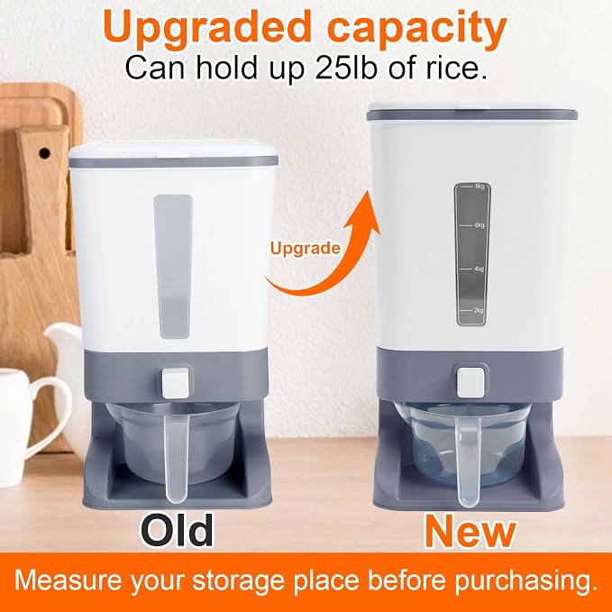 Mity rain Rice Dispenser 20 Lbs with Moisture Absorbing Clay, Rice Storage Container with Measuring Cup, 12 L Cereal Containers Storage Airtight for Kitchen Pantry Organization Gray