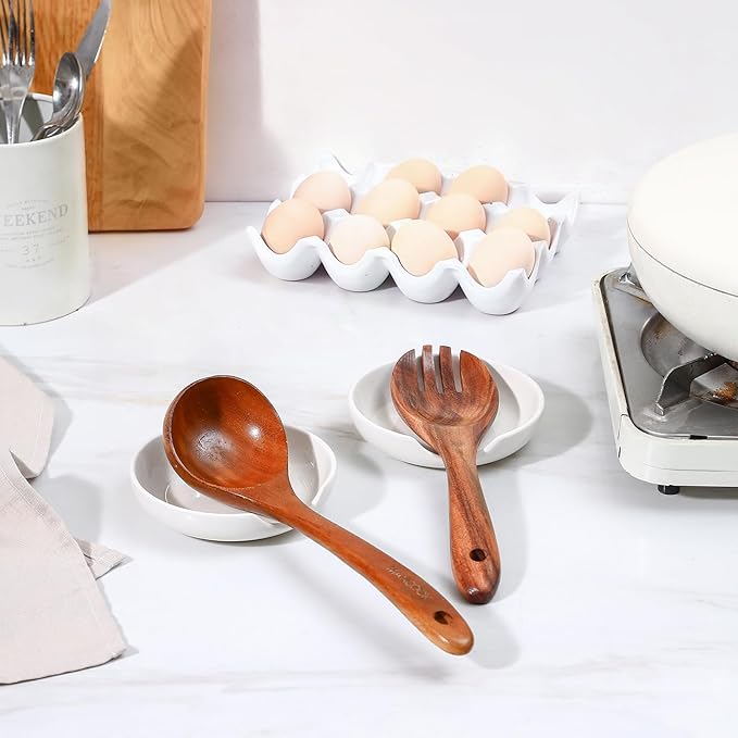 Selamica Ceramic Spoon Rest, 4.8 Inch Spoon Rest for Stove Top, Spoon Holder for Kitchen Counter, Coffee Spoon Holder, Heat-Resistant Cooking Utensil Rest for Ladles Tong, Set of 4, White