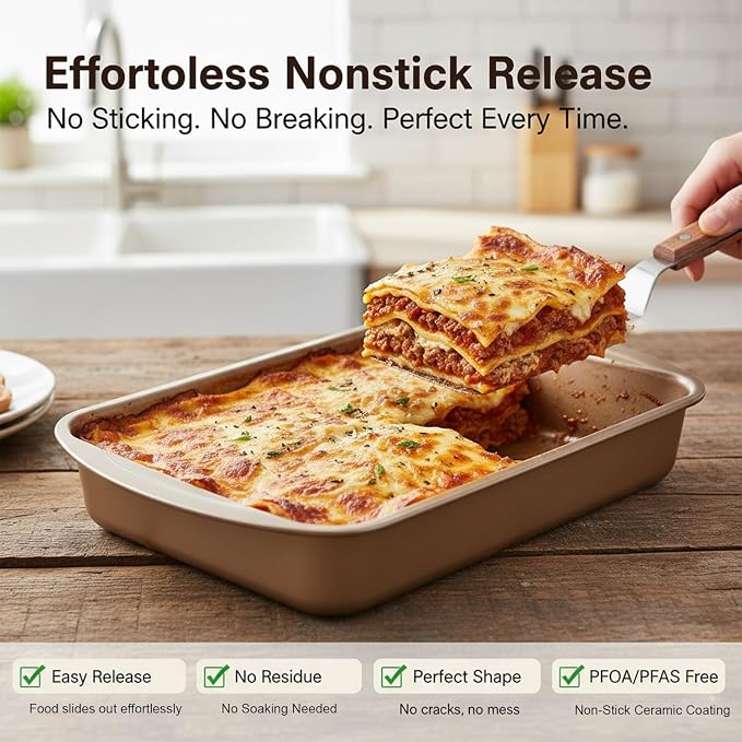 9x13 Nonstick Baking Pan 2 Pack – Heavy-Gauge Carbon Steel Cake Pan，Warp-Resistant & PFOA Free, Even Heating for Lasagna, Sheet Cake, Brownies & Meal Prep, Wide Handles Golden