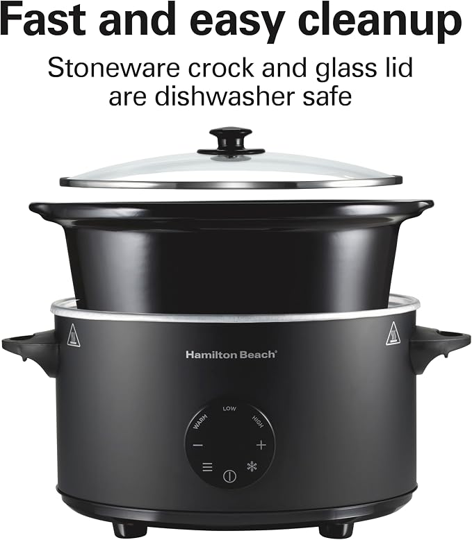 Hamilton Beach 6 Quart Set & Forget Programmable Slow Cooker with Defrost Function, Flexible Programming, Adjustable Countdown Timer, Large Dishwasher Safe Stoneware Crock and Glass Lid, Black (33765)
