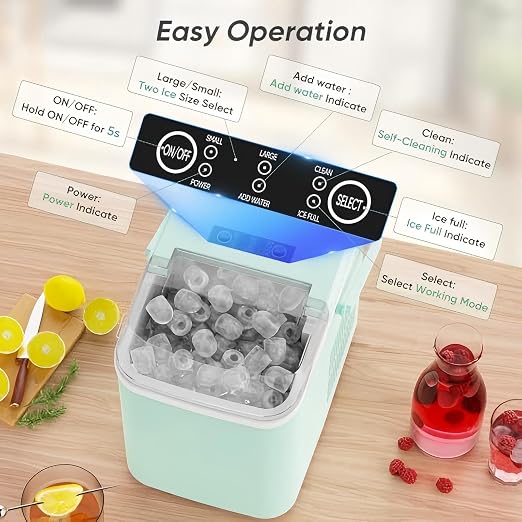 DUMOS Countertop Ice Maker with Handle, 26lbs/24H Portable Ice Machine, 9 Bullet Cubes Ready in 6 Mins, Self-Cleaning, Quiet Compact for Home, Kitchen, RV, Camping, Bright Green