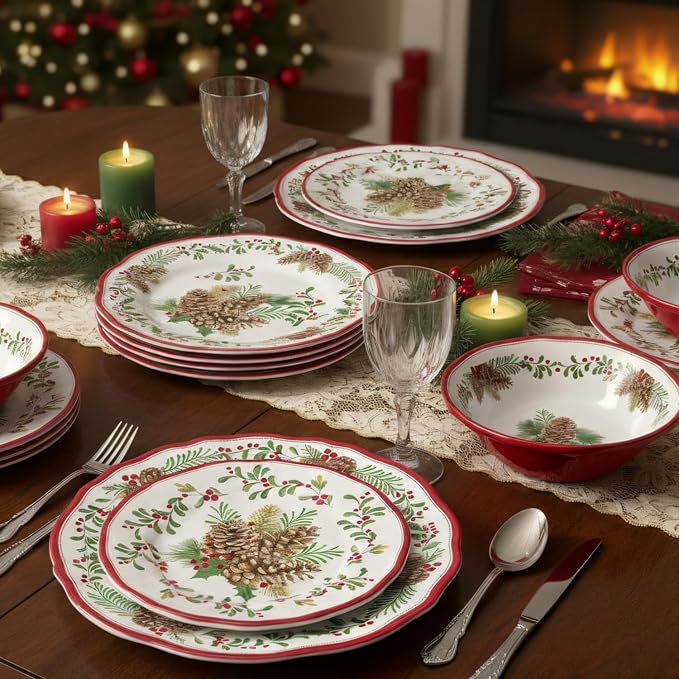 UPware 12 Piece Pinecones Melamine Dinnerware Sets, Outdoor Dishes Set, Plates and Bowls Sets, Christmas Decorations, Service for 4, Red
